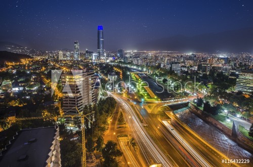 Picture of Night view of Santiago de Chile toward the east part of the city showing the Mapocho river and Providencia and Las Condes districts